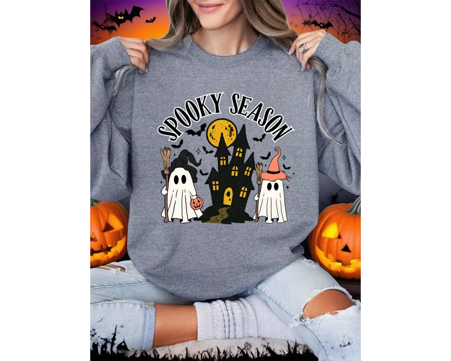 Cadılar bayramı Spooky Sezon Baskı Tişörtü Bayan Polar Sıcak Rahat Kapüşonlular Crewneck Gevş