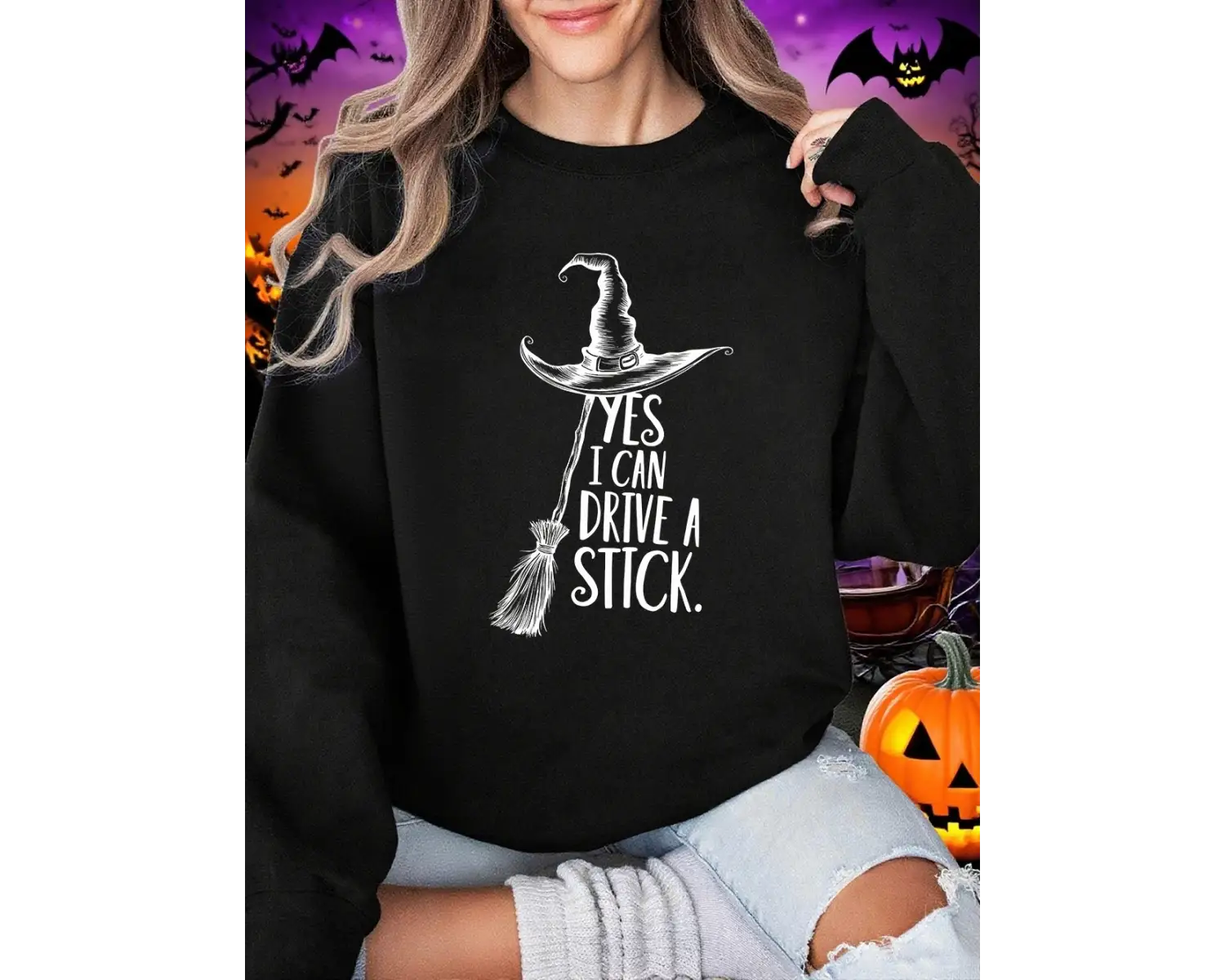 Cadılar Bayramı Tişörtleri Kadınlar Evet Sürüyorum Bir Çubukla Baskılar Yapıştırıyor Kapüşonl