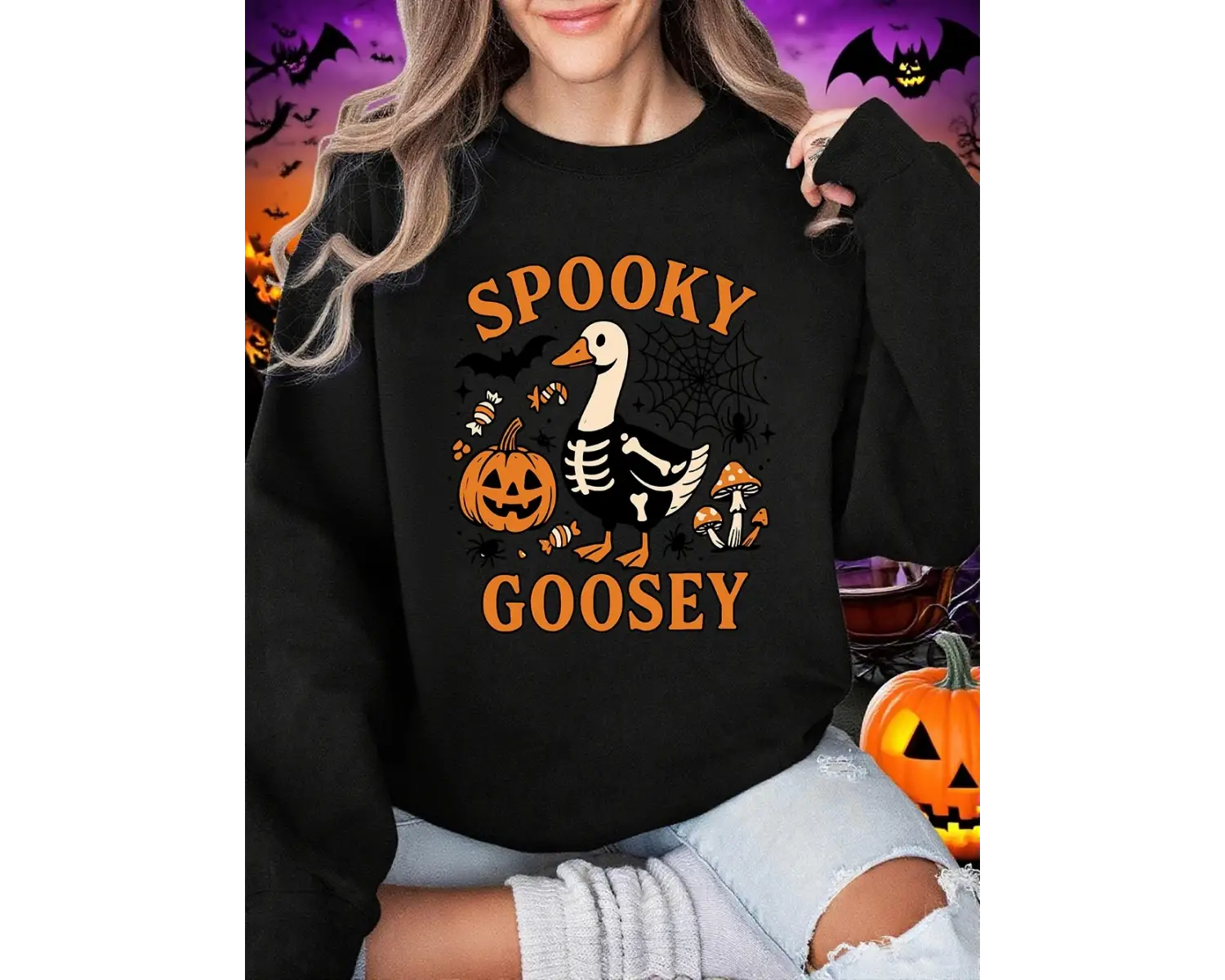 Cadılar bayramı Tişörtü Bayan Spooky Goosey Baskı Kapüşonlular Gevşek Polar Sıcak Bisiklet Ya