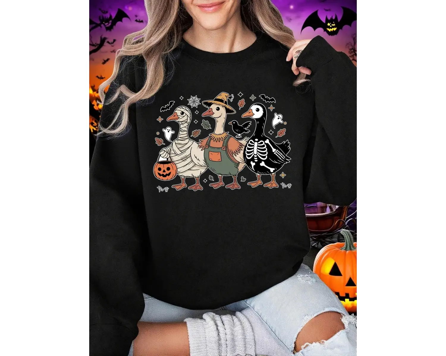 Cadılar bayramı Tişörtü Bayan Spooky Goosey Baskı Kapüşonlular Polar Sıcak Bisiklet Yaka Gevş