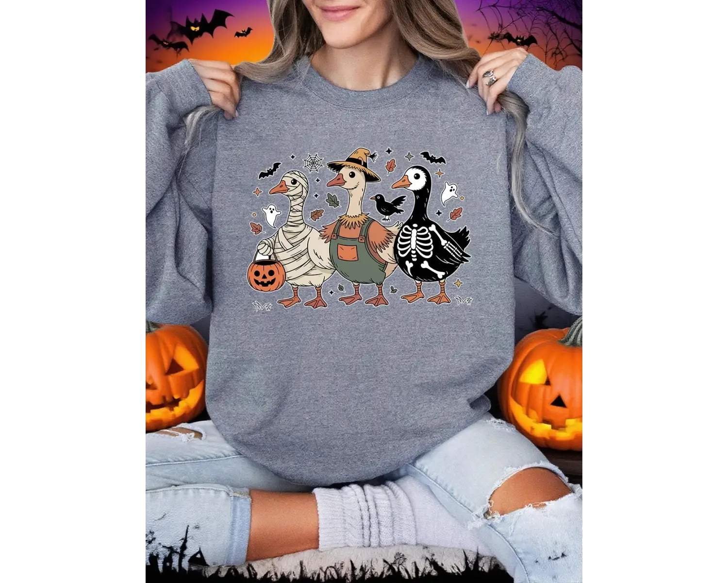 Cadılar bayramı Tişörtü Bayan Spooky Goosey Baskı Kapüşonlular Polar Sıcak Bisiklet Yaka Gevş