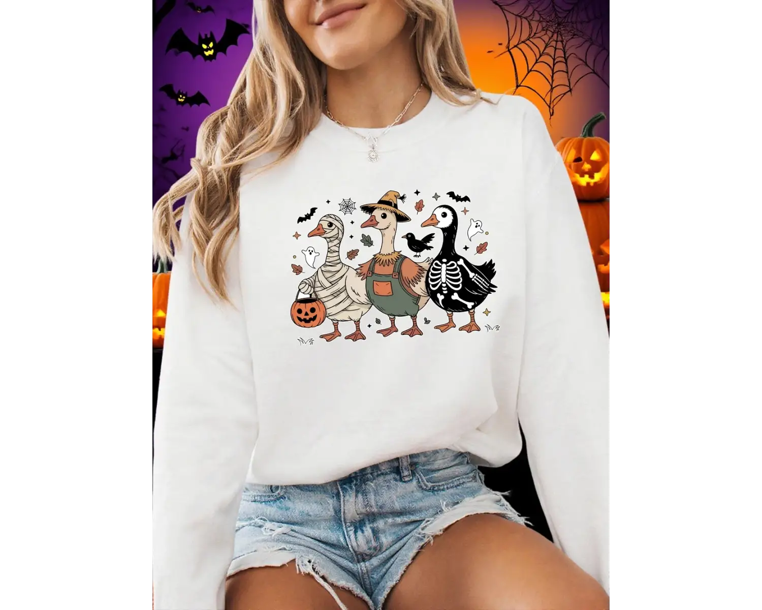 Cadılar bayramı Tişörtü Bayan Spooky Goosey Baskı Kapüşonlular Polar Sıcak Bisiklet Yaka Gevş