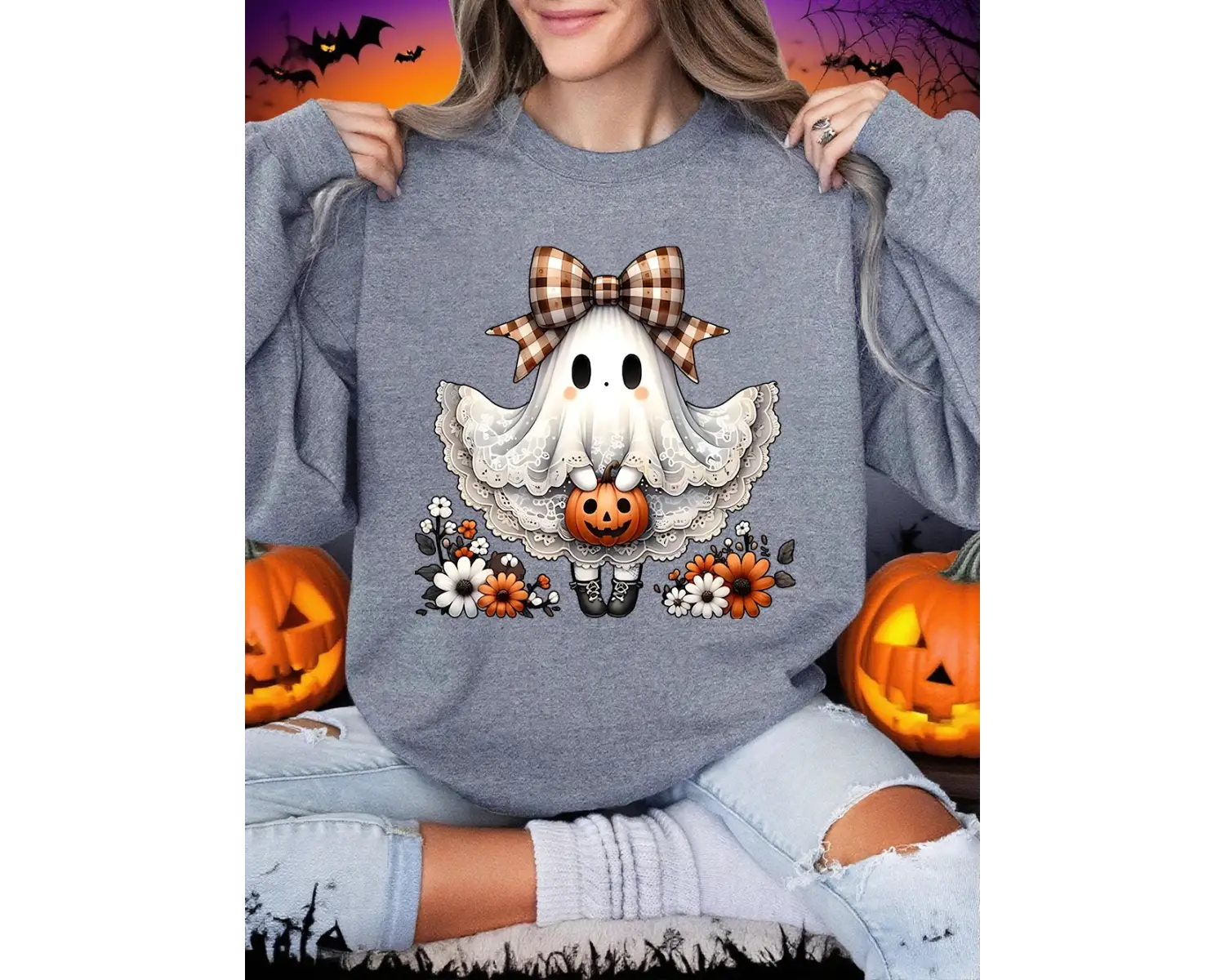 Cadılar bayramı Tişörtü Kadın Dantel Elbise Ve Yay Hayalet Baskılı Kapüşonlular Polar Yumuşak