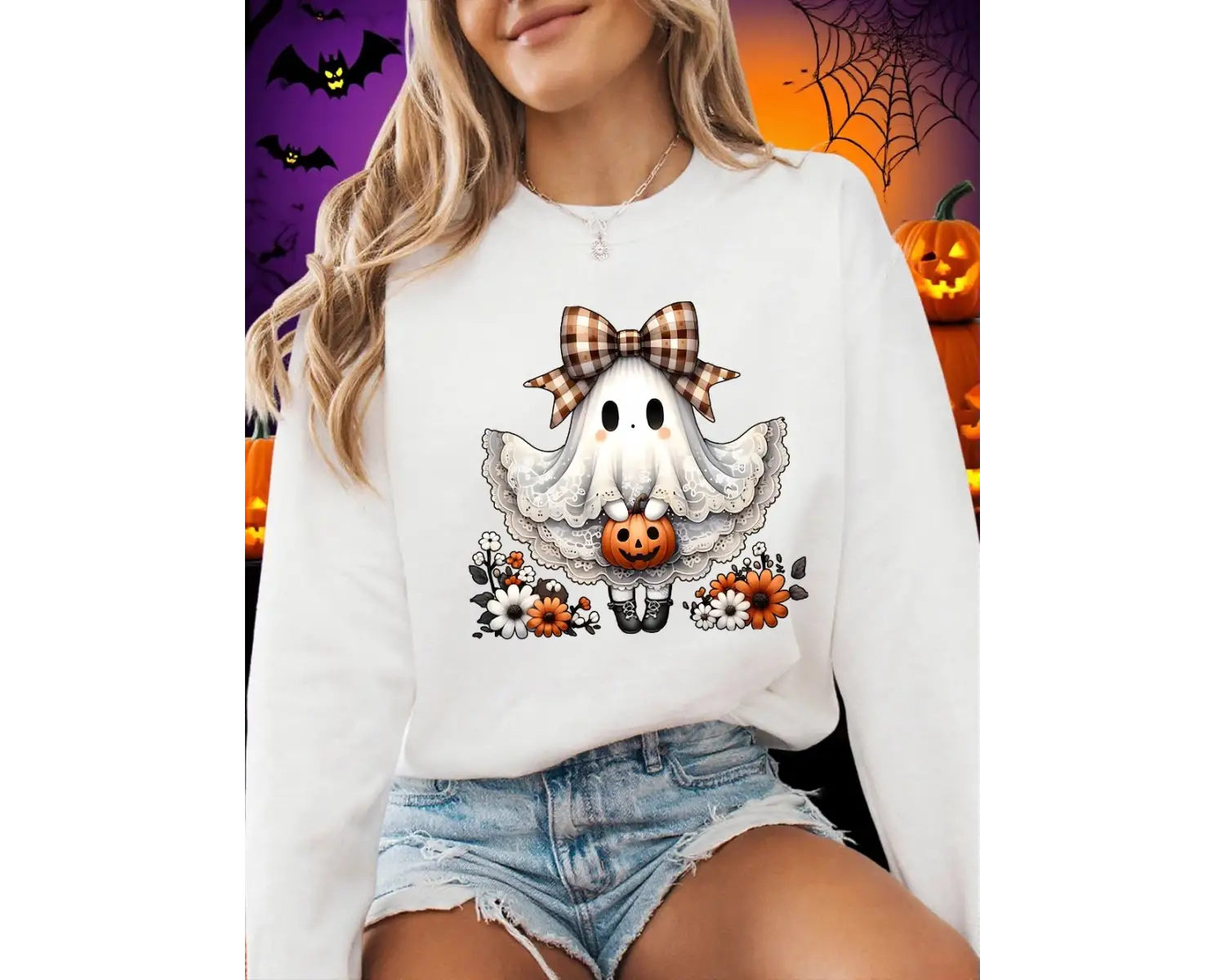 Cadılar bayramı Tişörtü Kadın Dantel Elbise Ve Yay Hayalet Baskılı Kapüşonlular Polar Yumuşak