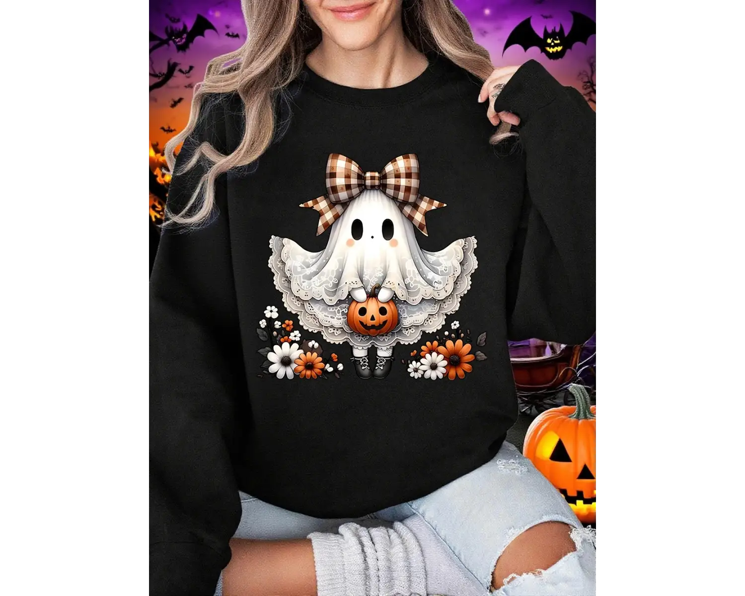 Cadılar bayramı Tişörtü Kadın Dantel Elbise Ve Yay Hayalet Baskılı Kapüşonlular Polar Yumuşak