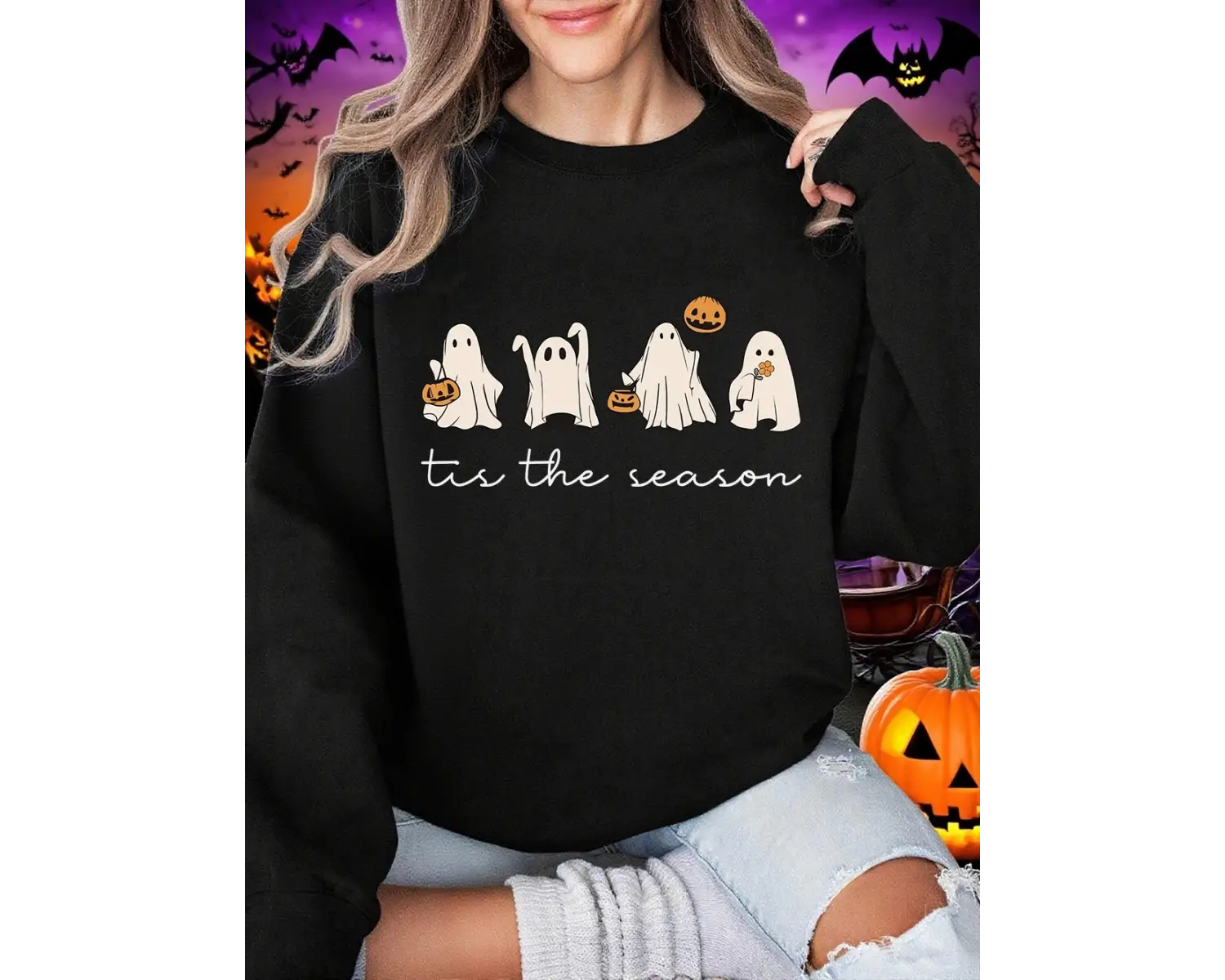 Cadılar bayramı tişörtü kadın Tis The Season hayalet baskılı kapüşonlu svetşörtler bisiklet y