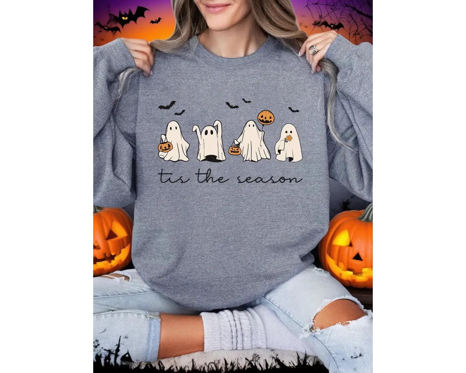 Cadılar bayramı tişörtü kadın Tis The Season hayalet baskılı kapüşonlu svetşörtler bisiklet y