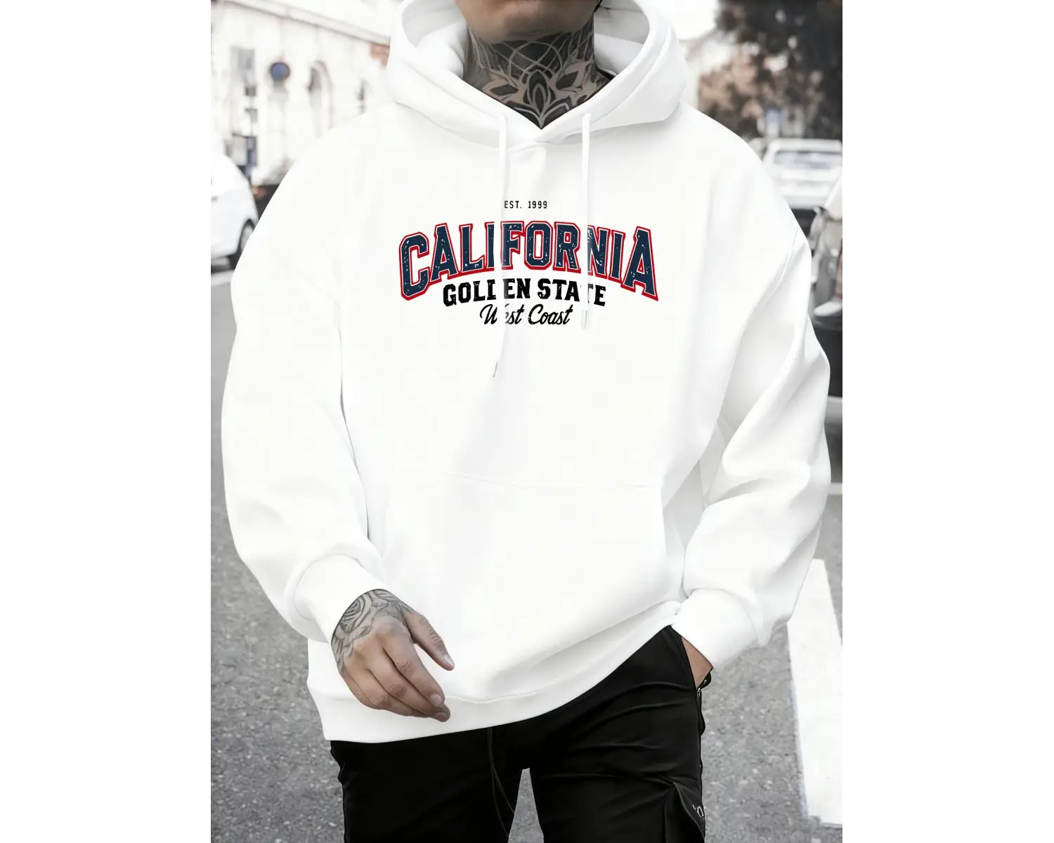 California Golden State Desenli Sonbahar Temel Ürünleri Kapüşonlu Üst Erkek Rahat Polar Tişör