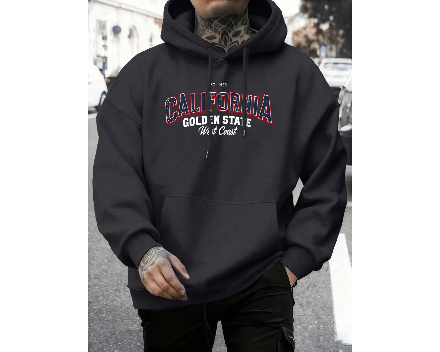 California Golden State Desenli Sonbahar Temel Ürünleri Kapüşonlu Üst Erkek Rahat Polar Tişör