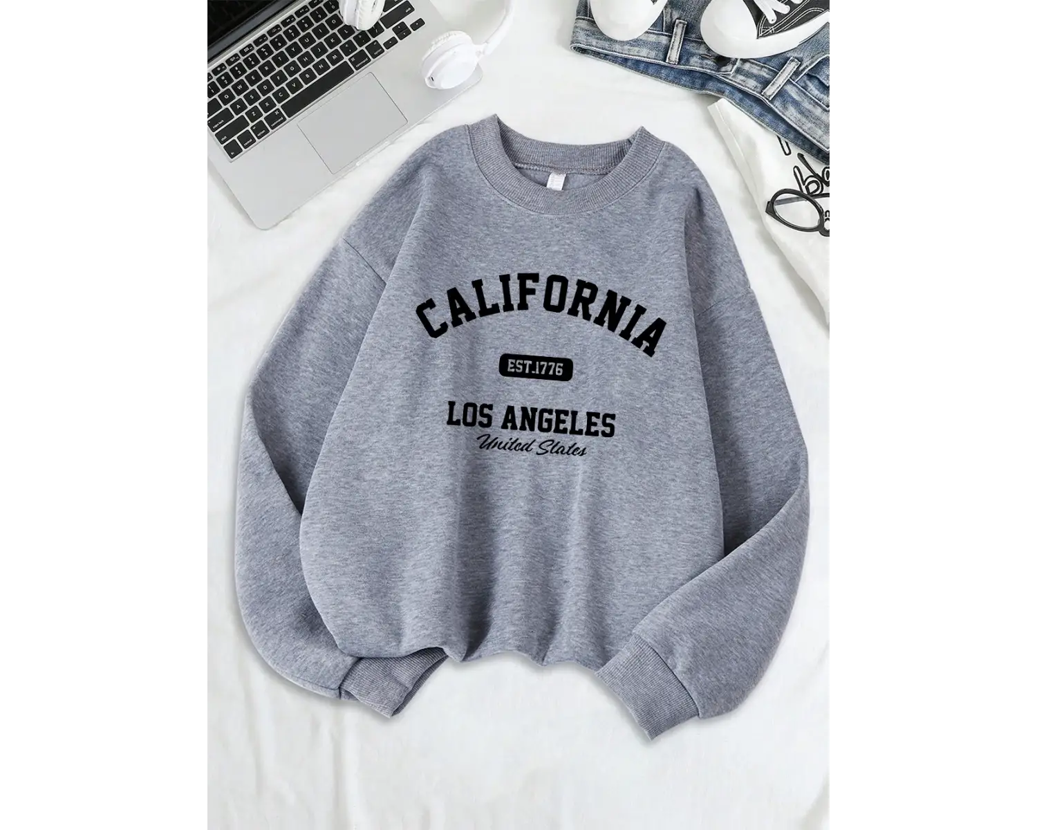 California Los Angeles Est 1776 Baskılar Tişörtü Kadın Bisiklet Yaka Temelleri Kapüşonlular G