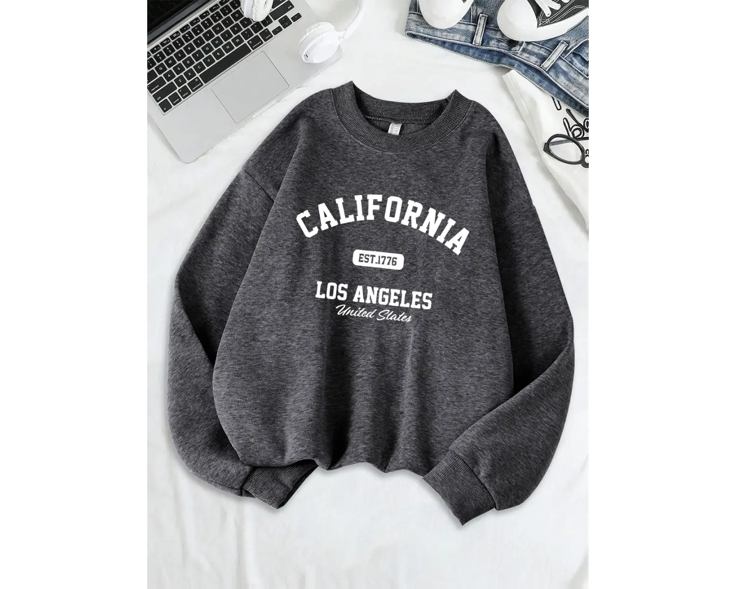 California Los Angeles Est 1776 Baskılar Tişörtü Kadın Bisiklet Yaka Temelleri Kapüşonlular G