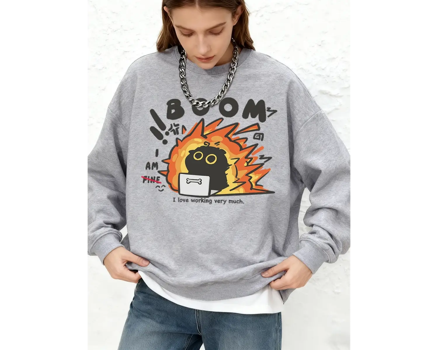 Çalışmayı Seviyorum Kedi Baskılı Sweatshirtler Kadın Sonbahar Uzun Kollu Yuvarlak Yaka Kapüşo