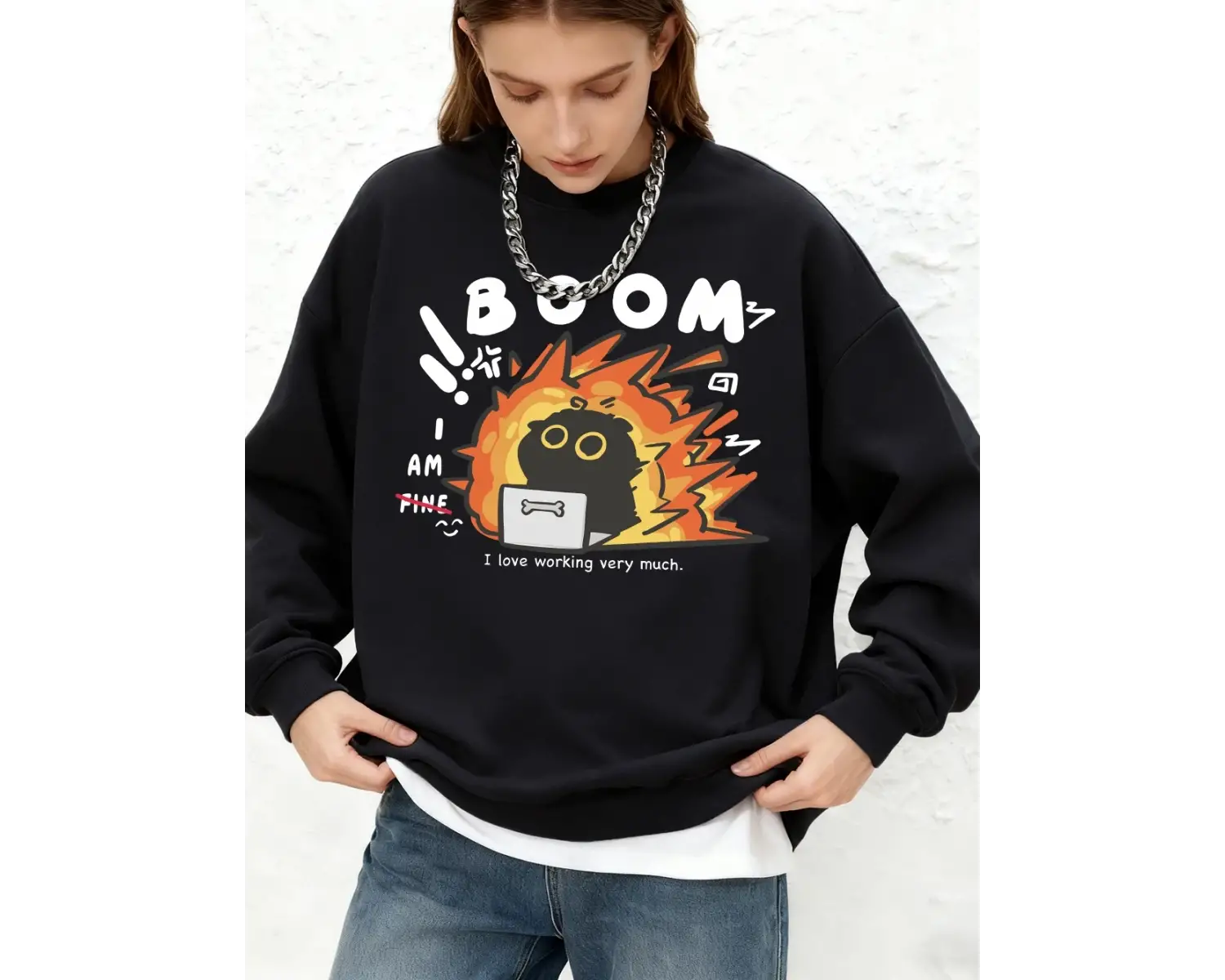 Çalışmayı Seviyorum Kedi Baskılı Sweatshirtler Kadın Sonbahar Uzun Kollu Yuvarlak Yaka Kapüşo