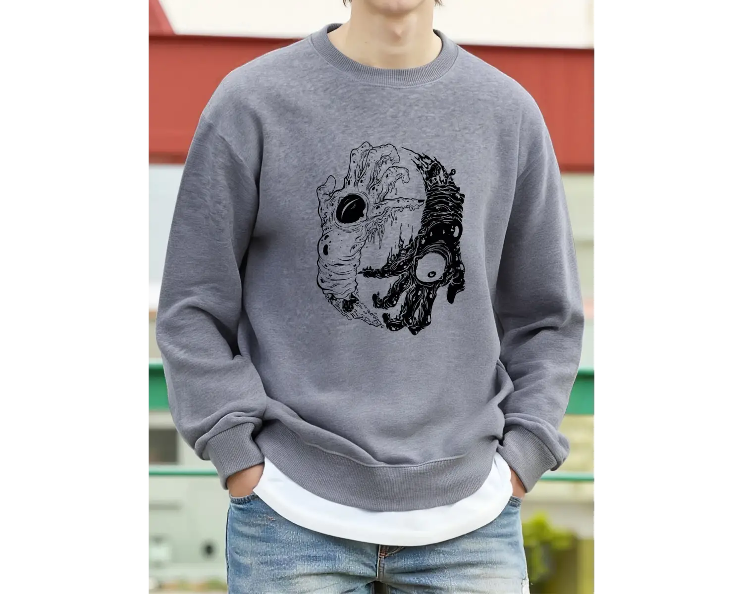 Canavar Palmiye Gözleri Korkunç Baskılı Sweatshirt Erkek Polar Bol Moda Sokak Giysisi Yuvarla