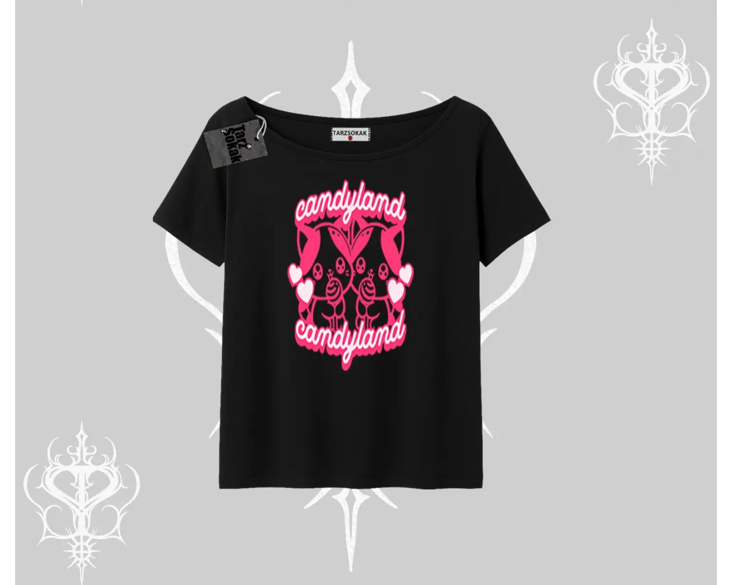 Candyland Yazılı Sevimli Kedi Baskılı Kapşonlu Crop Sweatshirt