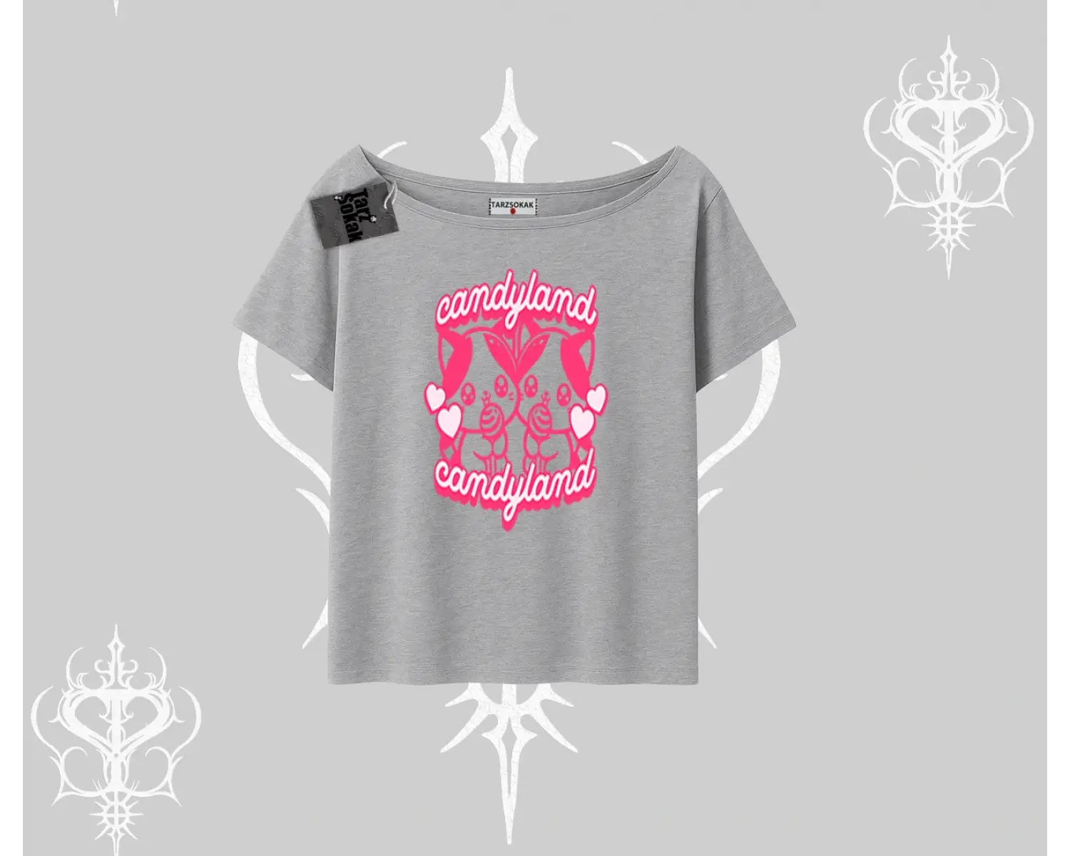 Candyland Yazılı Sevimli Kedi Baskılı Kapşonlu Crop Sweatshirt