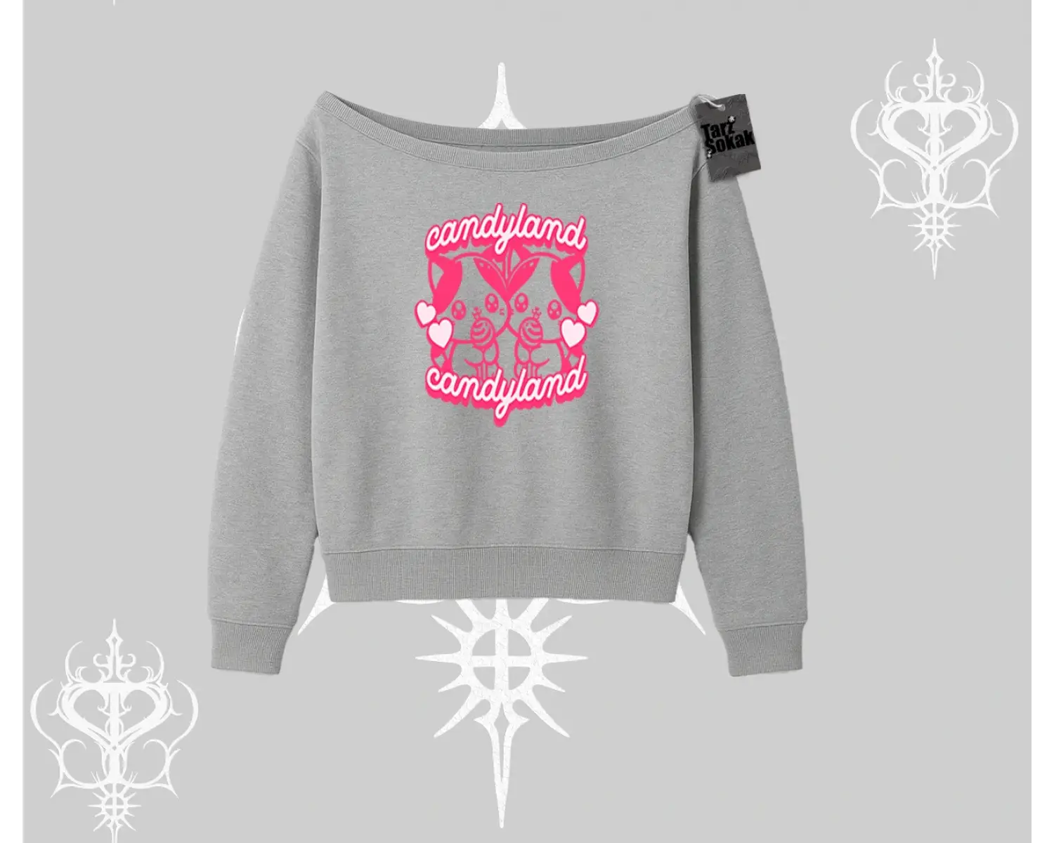 Candyland Yazılı Sevimli Kedi Baskılı Kapşonlu Sweatshirt