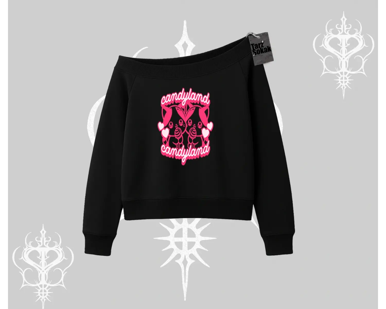 Candyland Yazılı Sevimli Kedi Baskılı Kapşonlu Sweatshirt