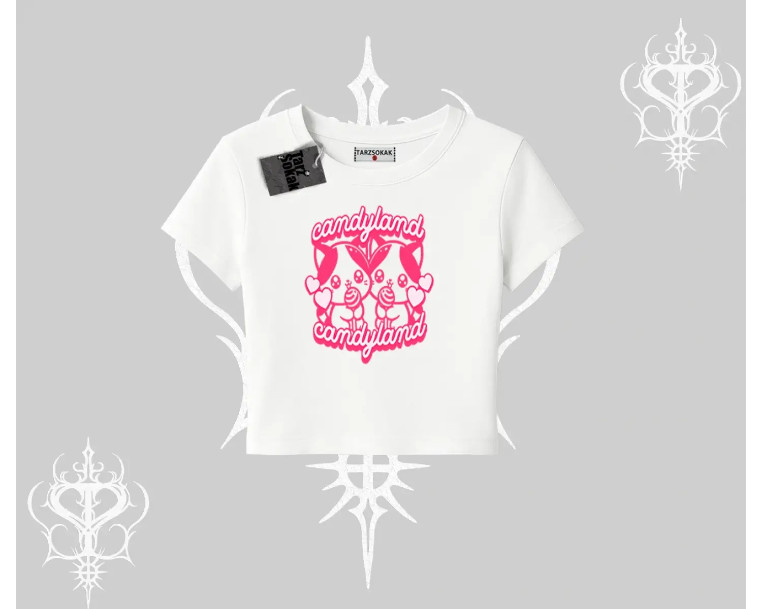 Candyland Yazılı Sevimli Kedi Baskılı Kayık Yaka Sweatshirt