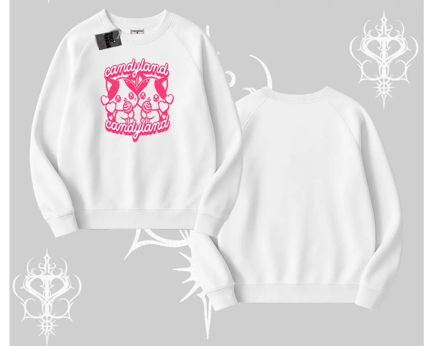 Candyland Yazılı Sevimli Kedi Baskılı Kayık Yaka Tshirt