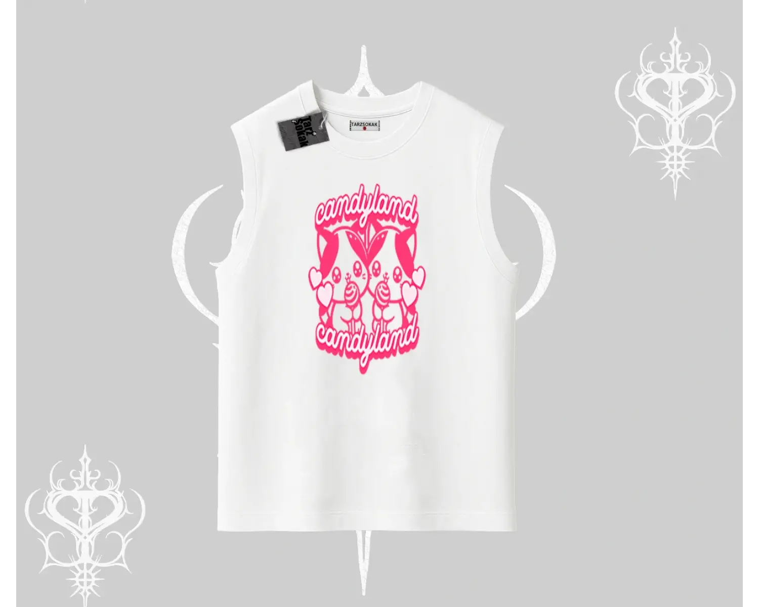 Candyland Yazılı Sevimli Kedi Baskılı Oversize Tshirt