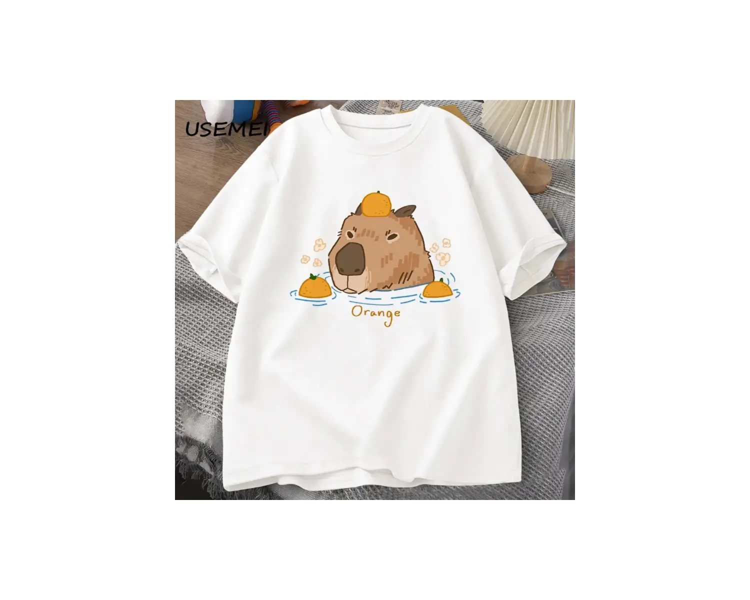 Capybara portakallar ile yüzme t-shirt boy T Shirt Unisex pamuk Shrot kollu karikatür hayvan