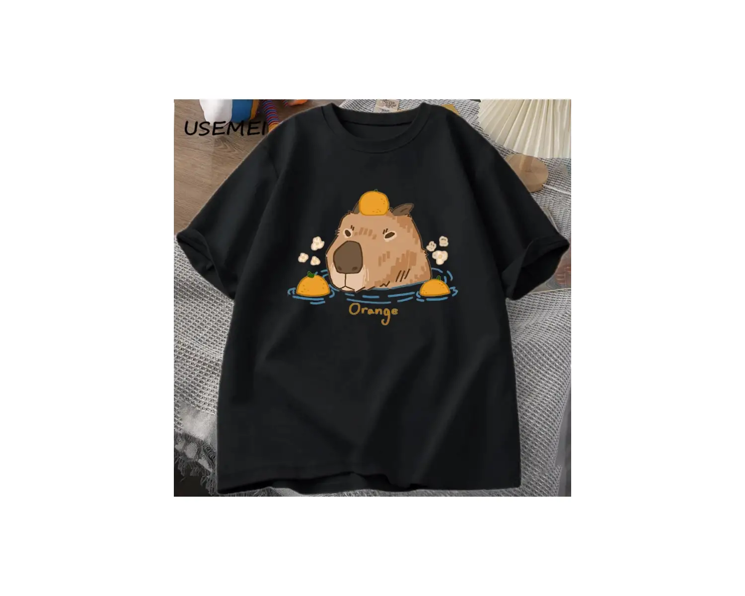 Capybara portakallar ile yüzme t-shirt boy T Shirt Unisex pamuk Shrot kollu karikatür hayvan