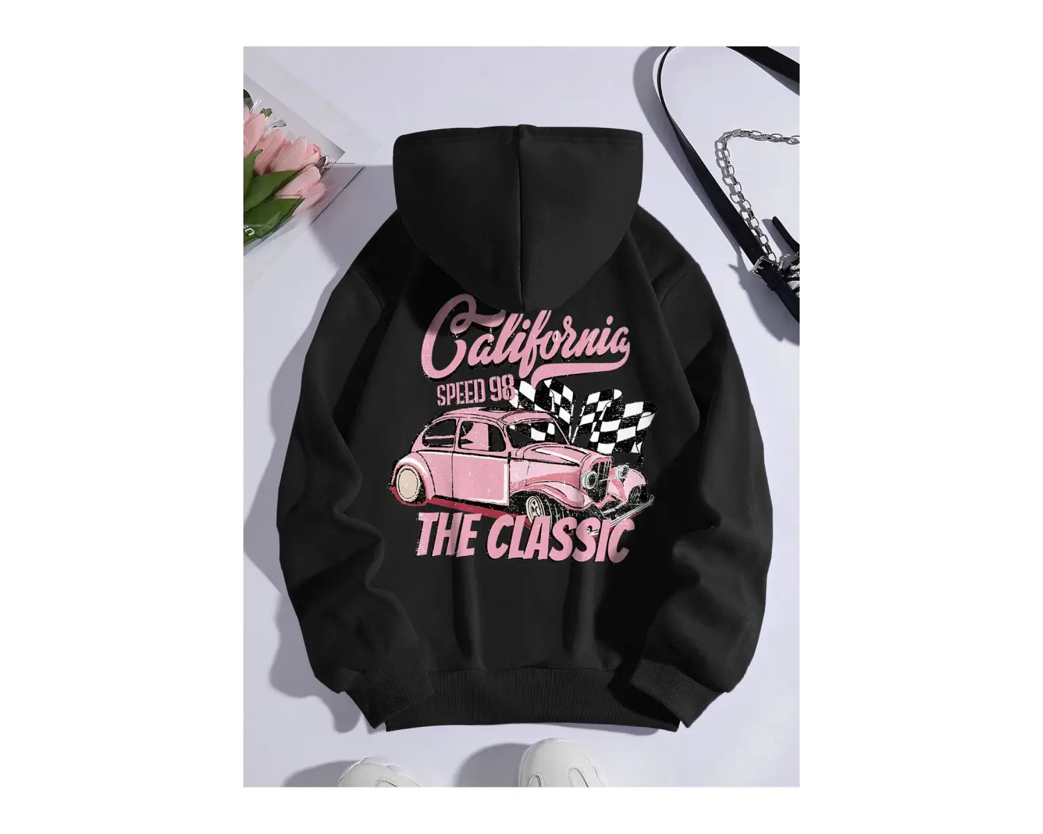 Car & Letter Graphic Drawstring Lined Hoodie Siyah