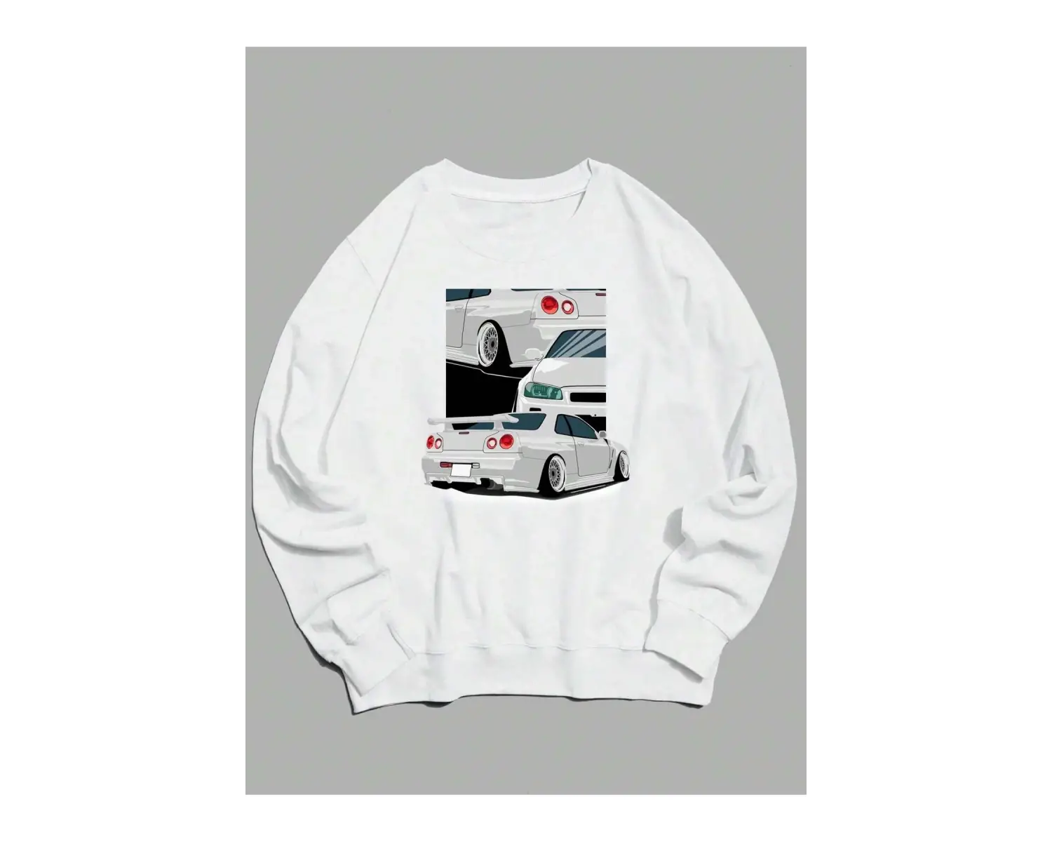 Car Print Drop Shoulder Sweatshirt Beyaz