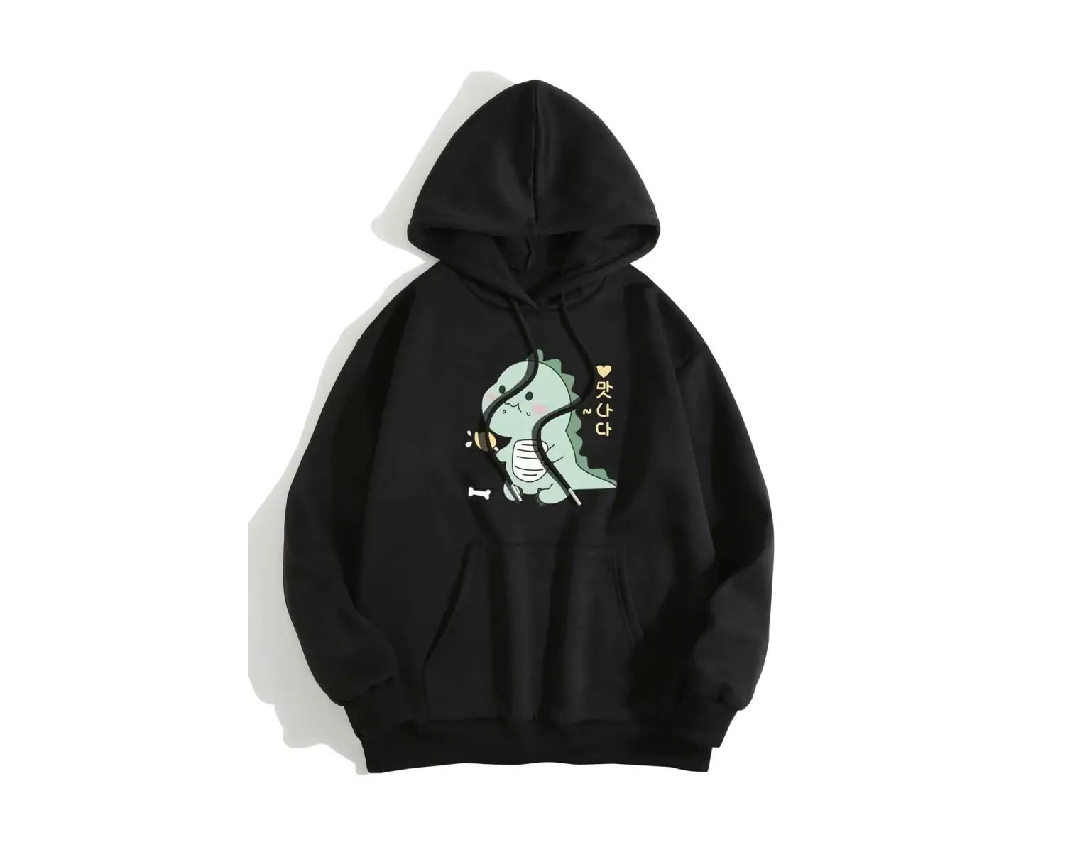 Cartoon And Korean Letter Graphic Drawstring Lined Hoodie Siyah