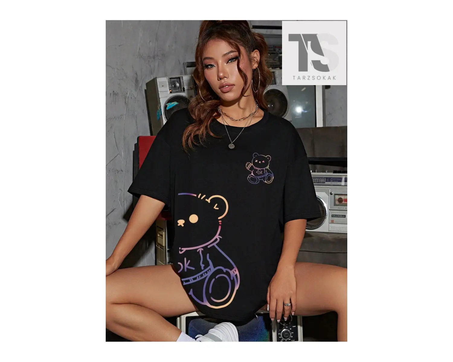 Casual Loose Fit Kadın Kısa Kollu Tişört Mektup Baskı Desenli Yuvarlak Yaka