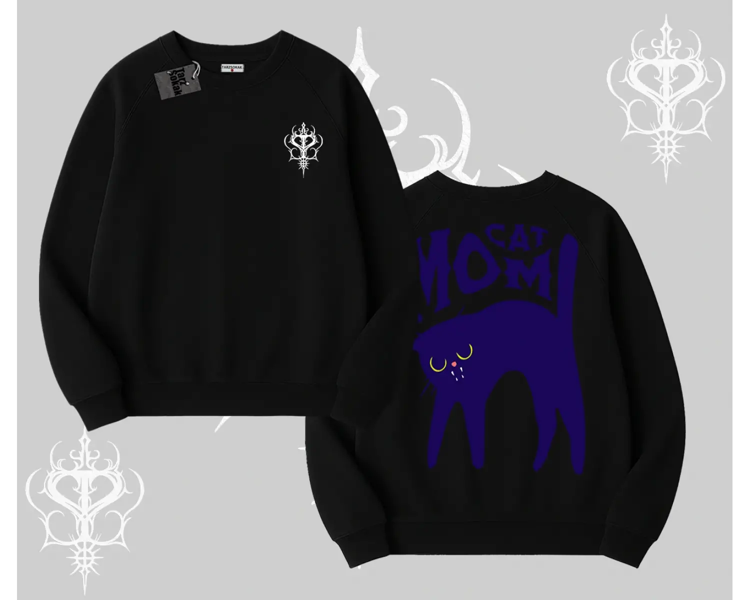 Cat Mom Yazılı Minimal Kedi Arka Baskılı Biskilet Sweatshirt