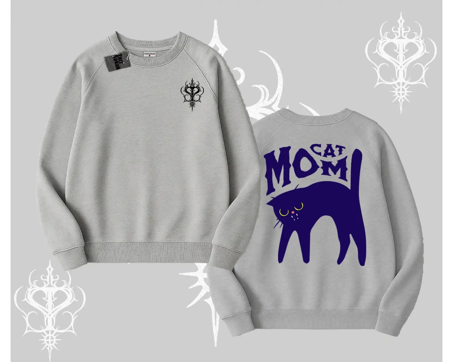 Cat Mom Yazılı Minimal Kedi Arka Baskılı Biskilet Sweatshirt