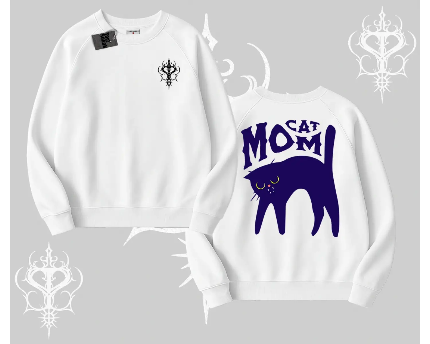 Cat Mom Yazılı Minimal Kedi Arka Baskılı Biskilet Sweatshirt