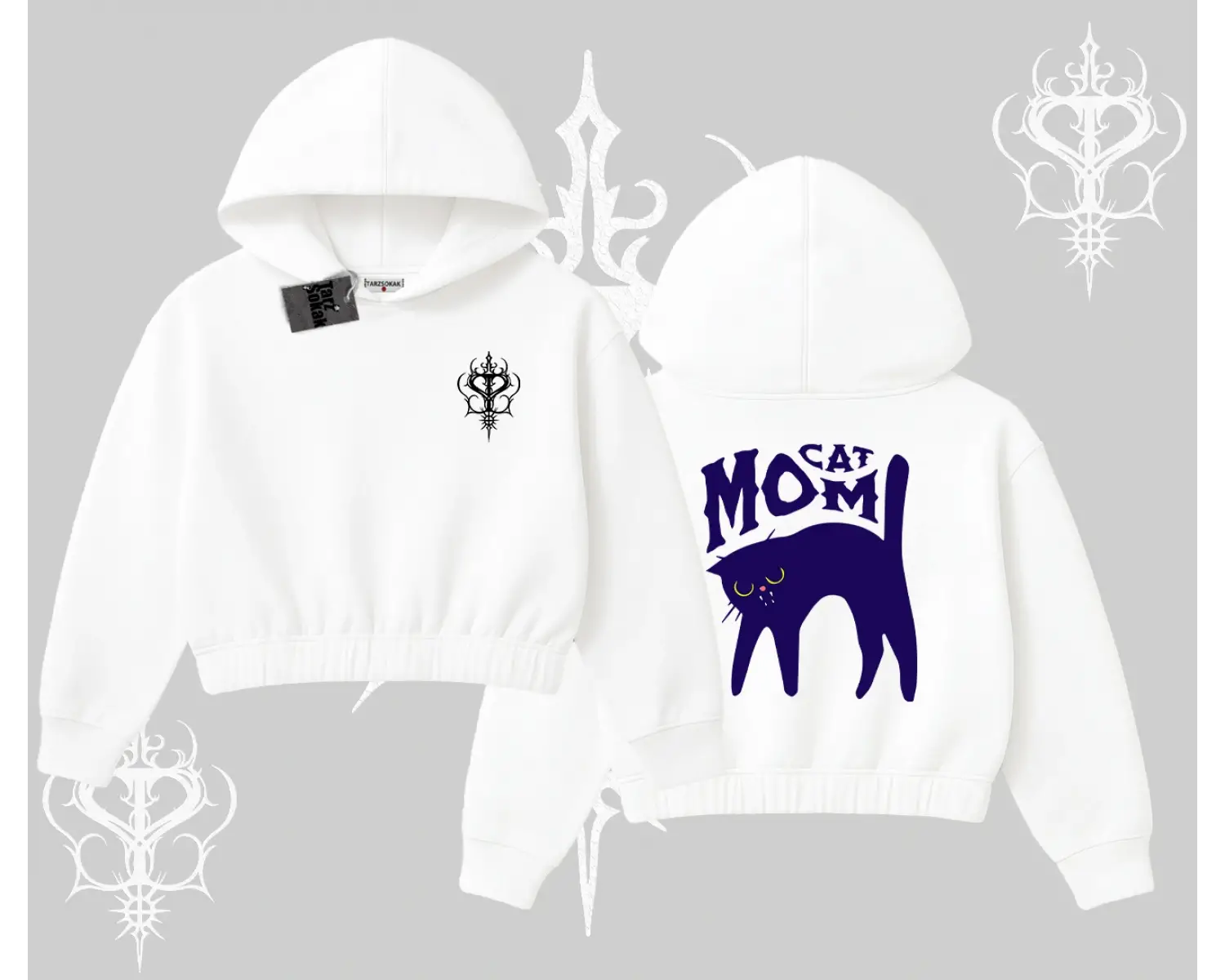 Cat Mom Yazılı Minimal Kedi Arka Baskılı Kapşonlu Crop Sweatshirt