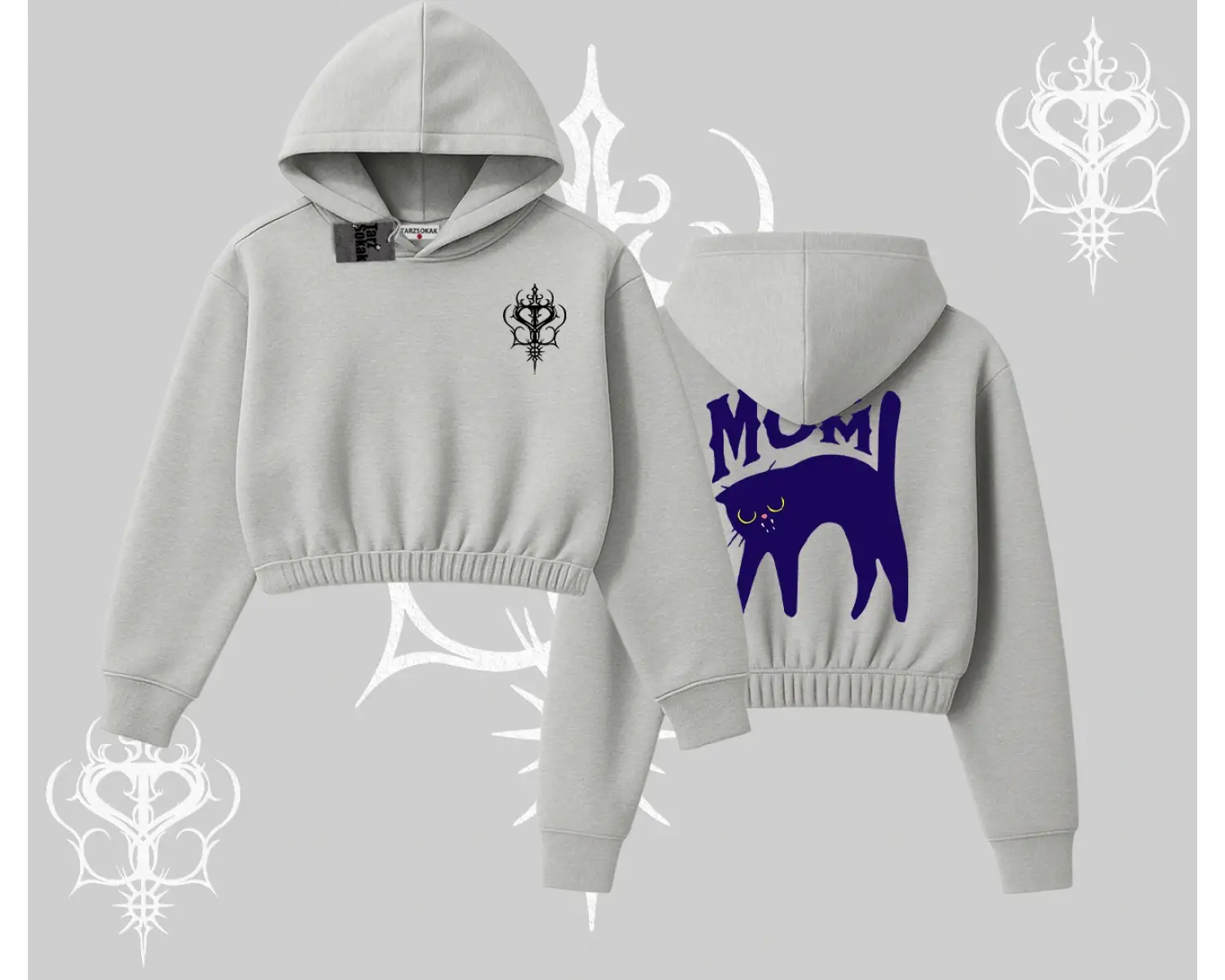 Cat Mom Yazılı Minimal Kedi Arka Baskılı Kapşonlu Crop Sweatshirt