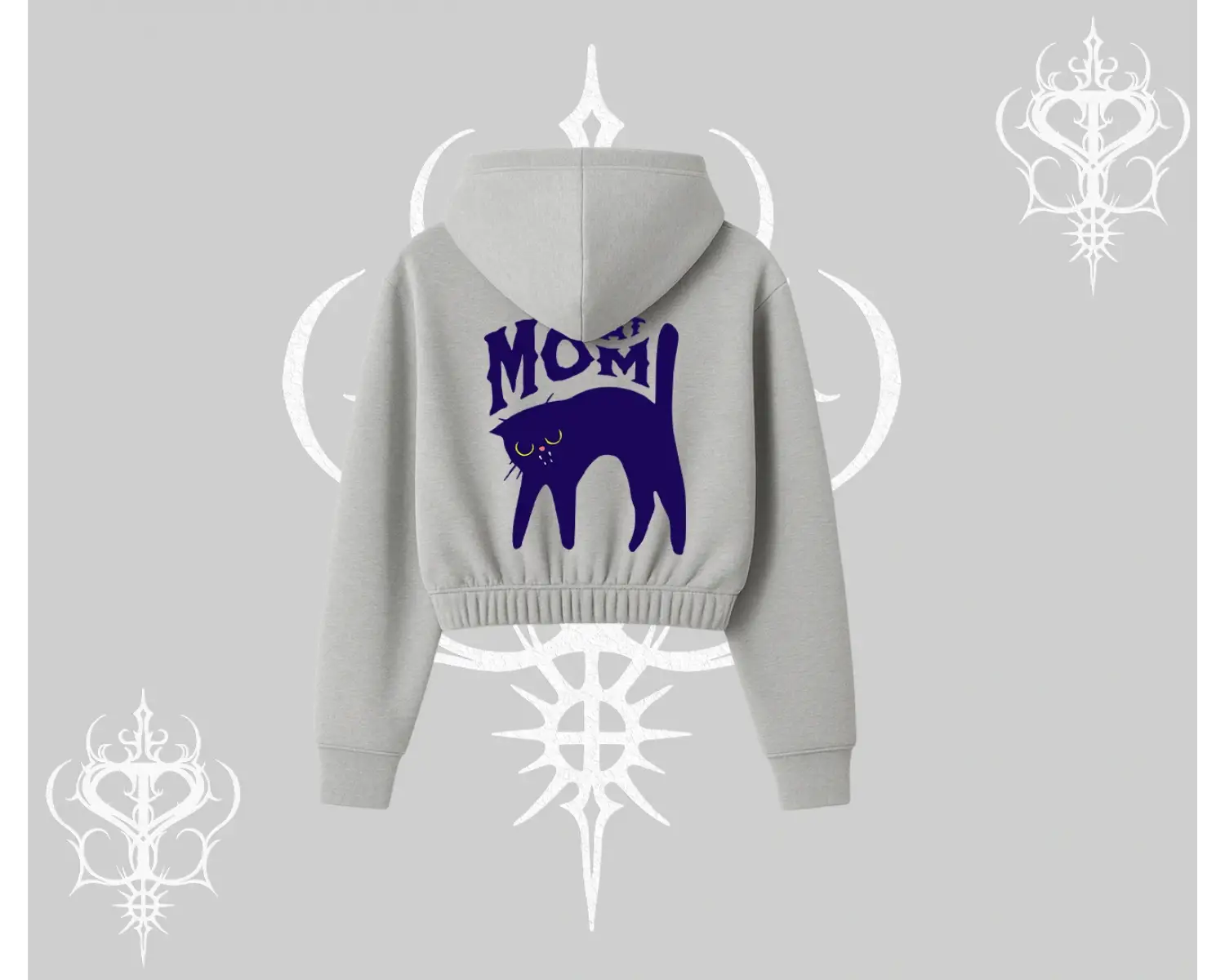 Cat Mom Yazılı Minimal Kedi Arka Baskılı Kapşonlu Crop Sweatshirt
