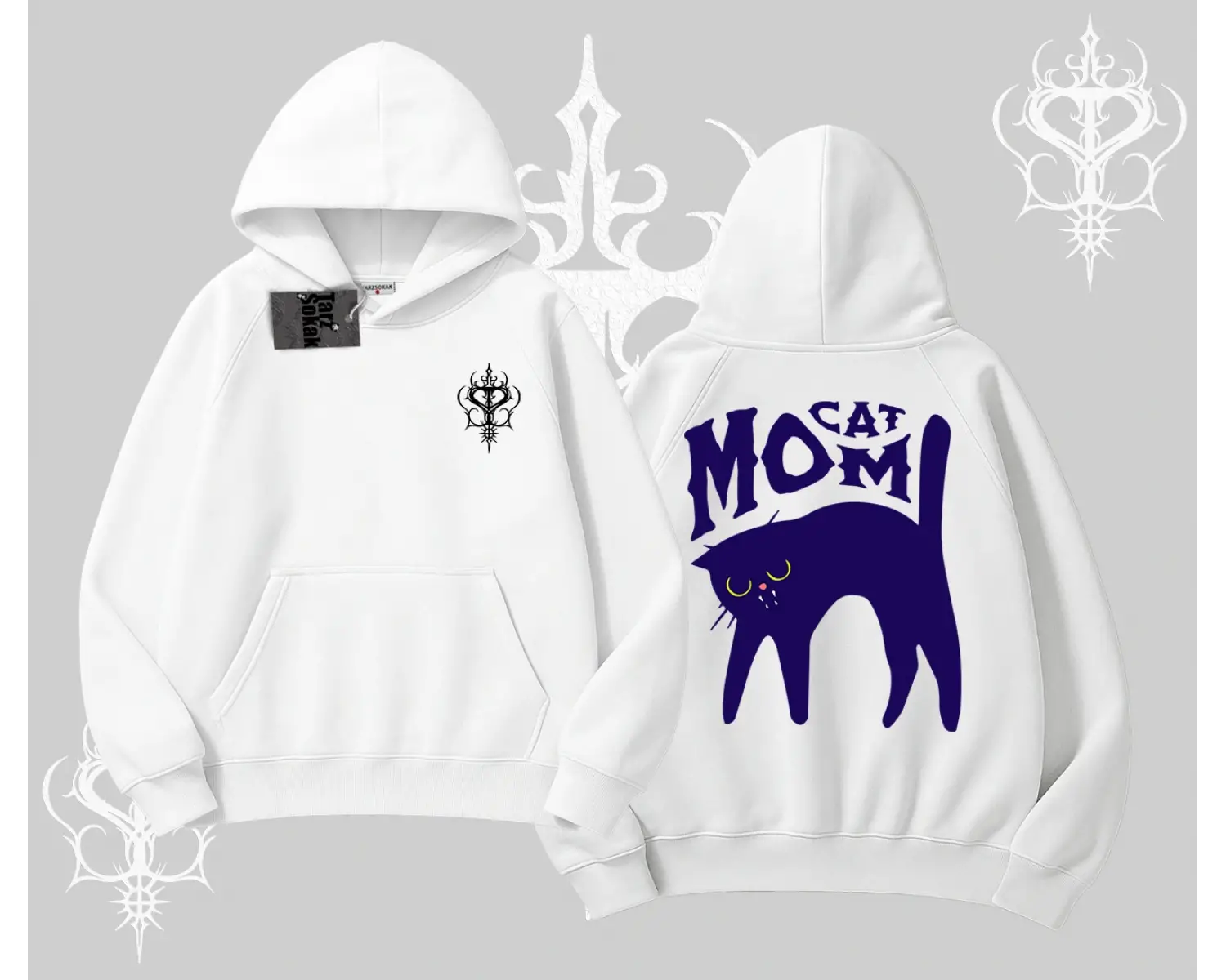 Cat Mom Yazılı Minimal Kedi Arka Baskılı Kapşonlu Sweatshirt