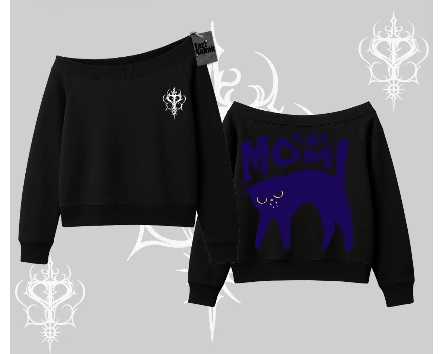 Cat Mom Yazılı Minimal Kedi Arka Baskılı Kayık Yaka Sweatshirt