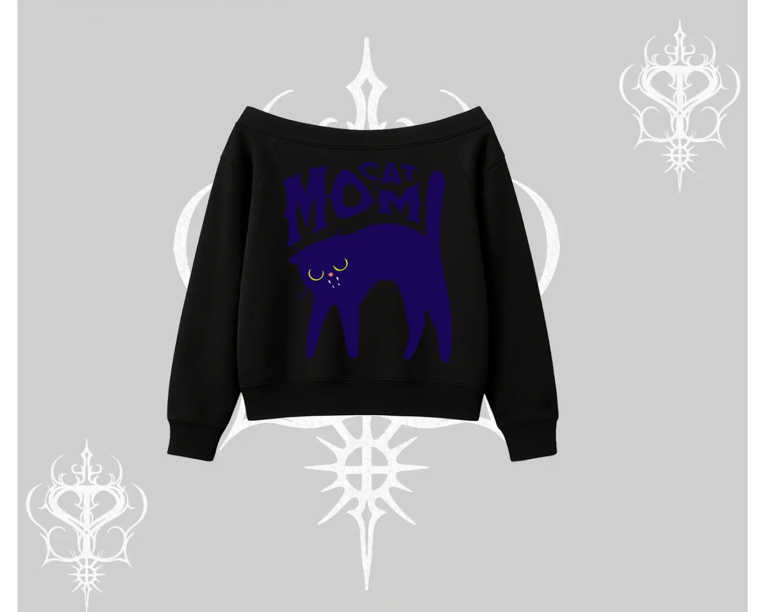 Cat Mom Yazılı Minimal Kedi Arka Baskılı Kayık Yaka Sweatshirt