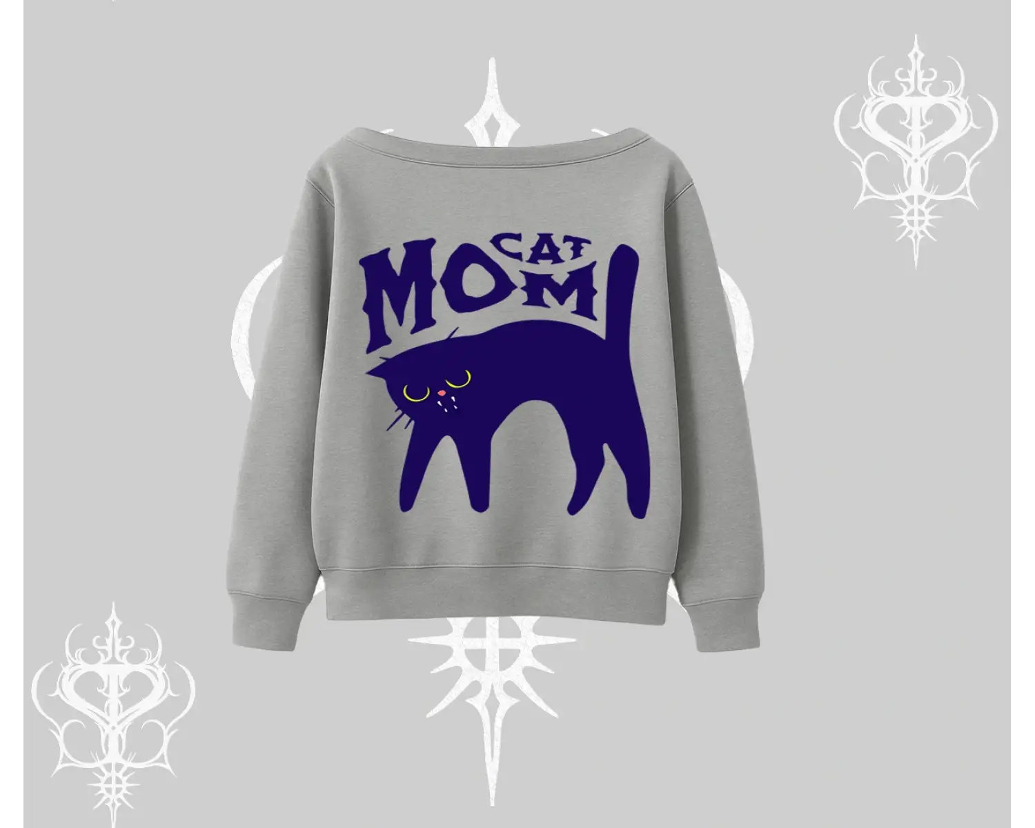Cat Mom Yazılı Minimal Kedi Arka Baskılı Kayık Yaka Sweatshirt