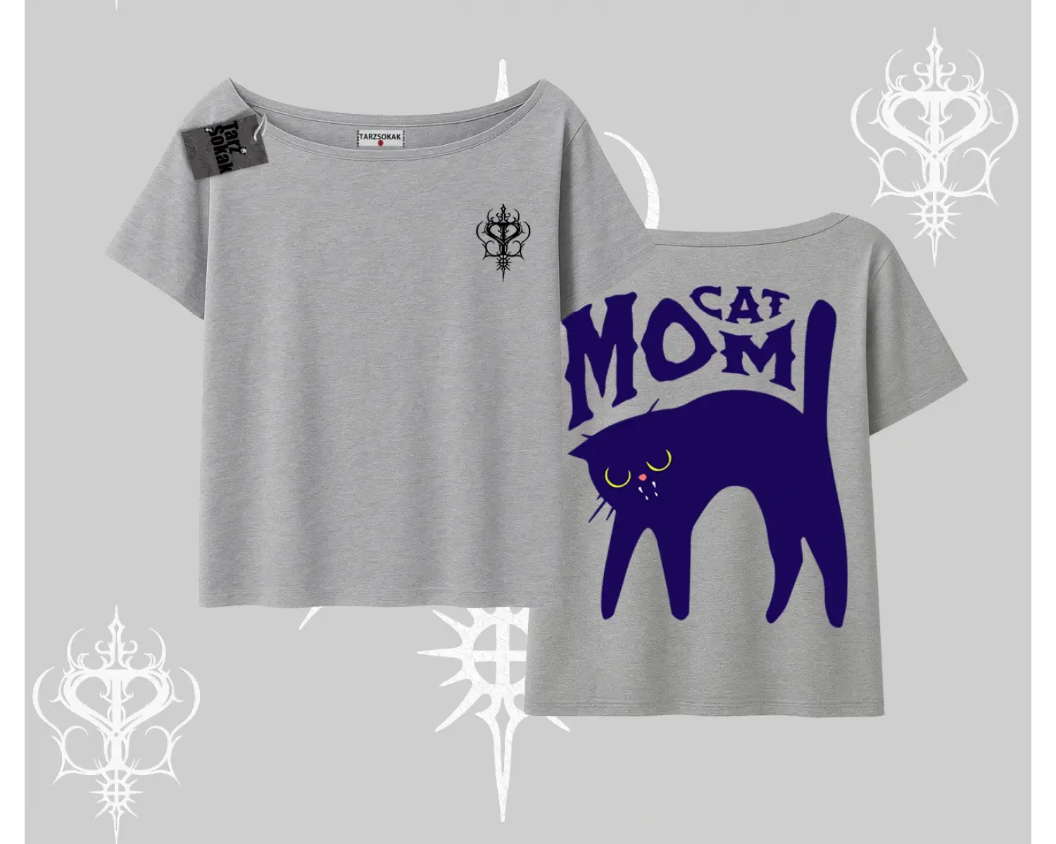 Cat Mom Yazılı Minimal Kedi Arka Baskılı Kayık Yaka Tshirt