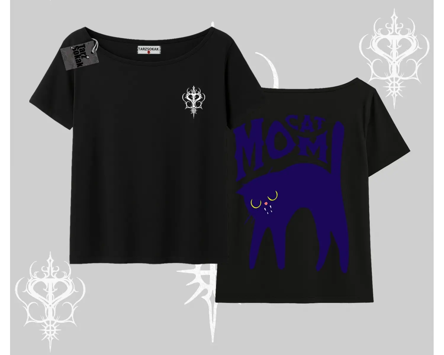 Cat Mom Yazılı Minimal Kedi Arka Baskılı Kayık Yaka Tshirt