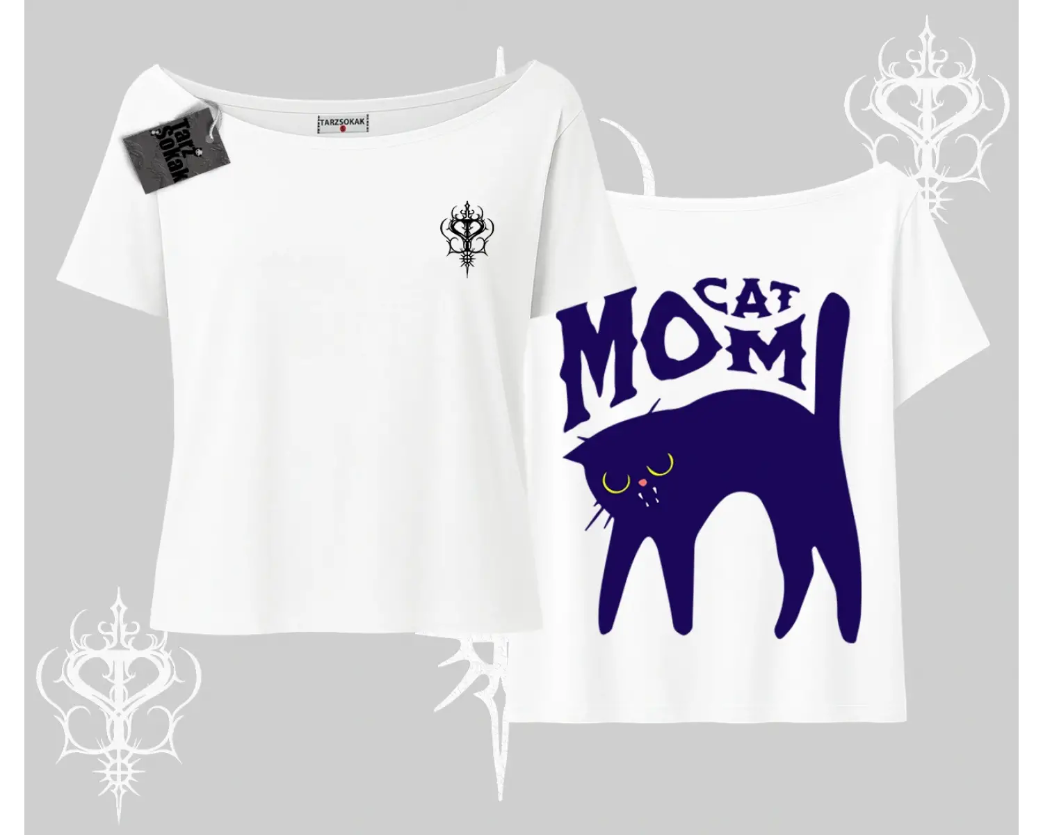 Cat Mom Yazılı Minimal Kedi Arka Baskılı Kayık Yaka Tshirt