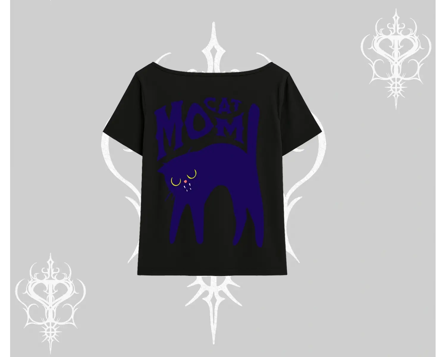 Cat Mom Yazılı Minimal Kedi Arka Baskılı Kayık Yaka Tshirt