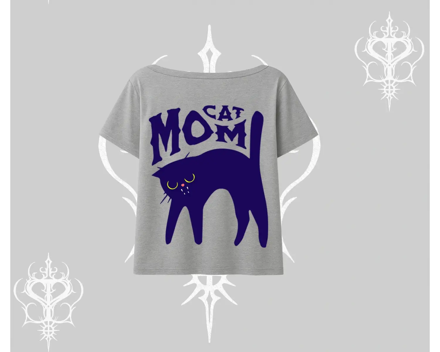 Cat Mom Yazılı Minimal Kedi Arka Baskılı Kayık Yaka Tshirt