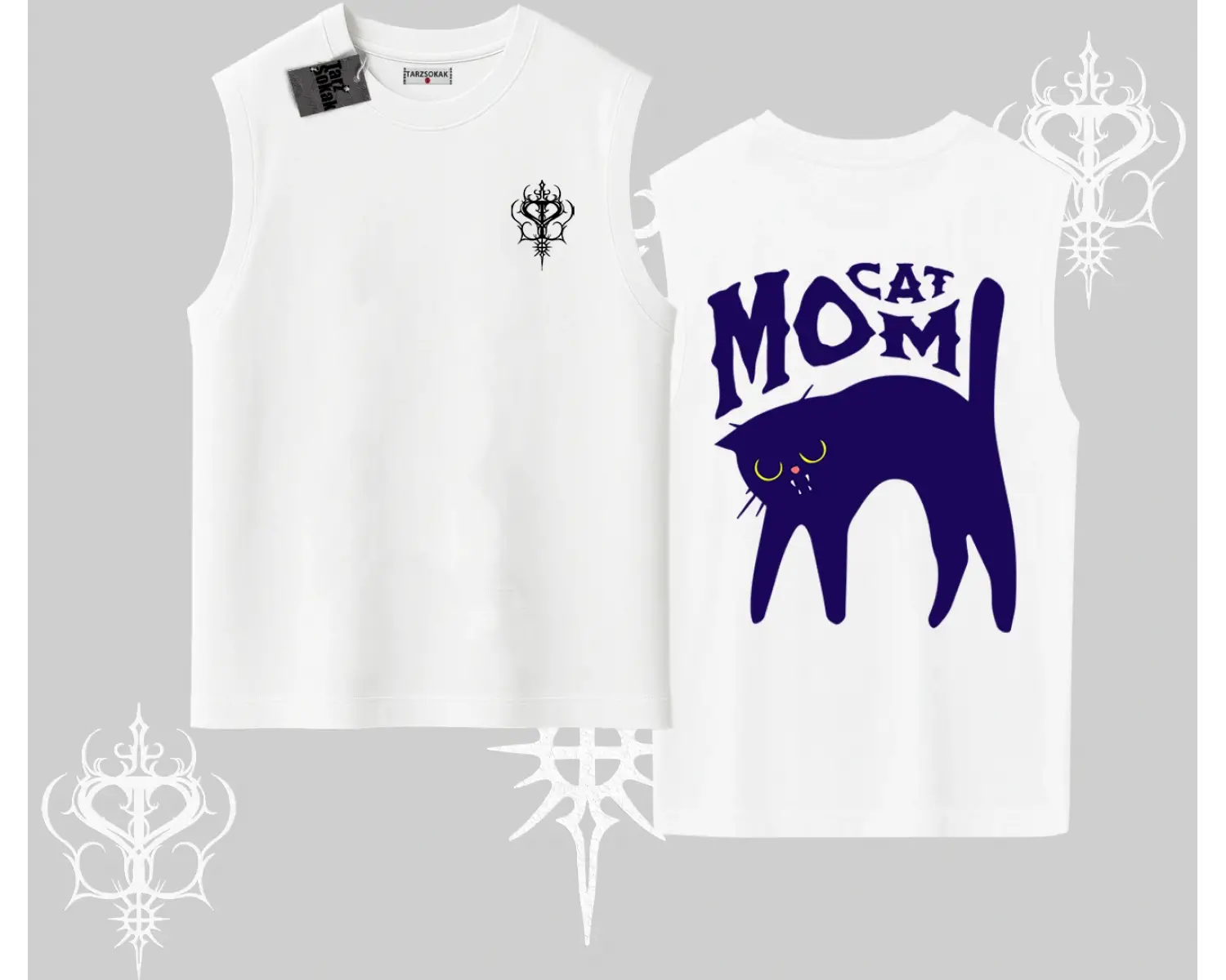 Cat Mom Yazılı Minimal Kedi Arka Baskılı Kolsuz Tshirt