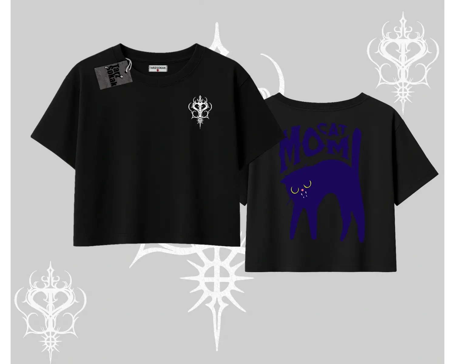 Cat Mom Yazılı Minimal Kedi Arka Baskılı Oversize Crop Tshirt