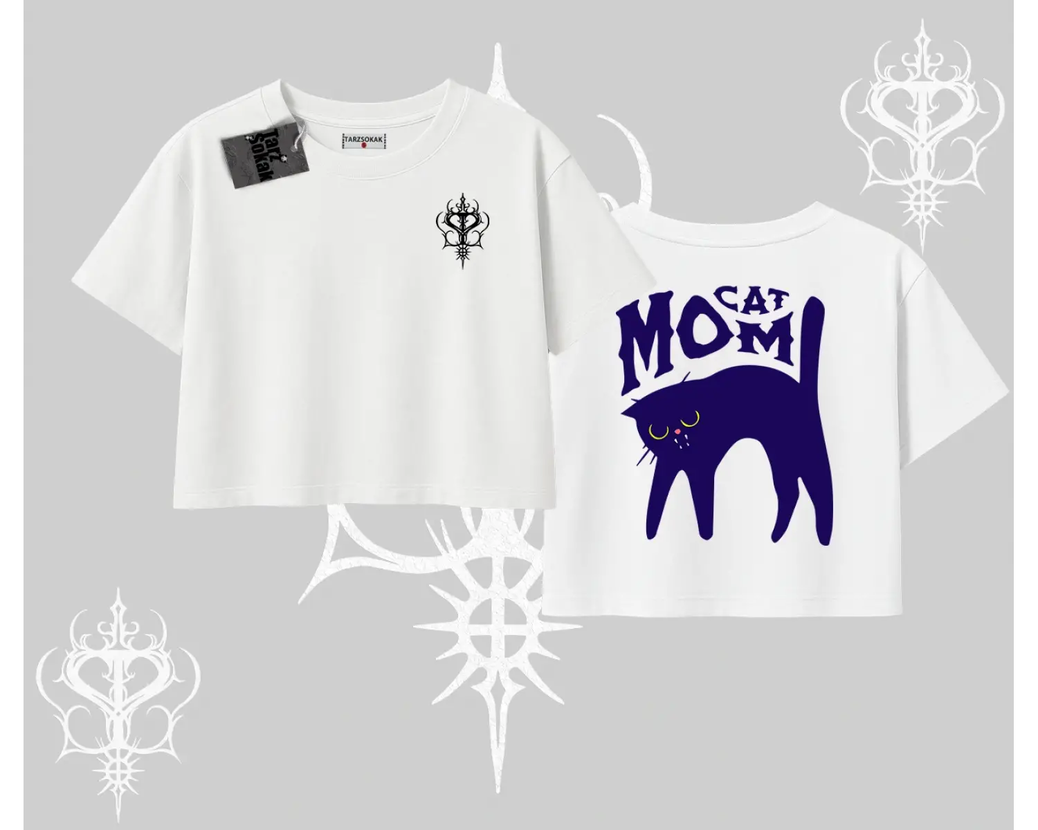 Cat Mom Yazılı Minimal Kedi Arka Baskılı Oversize Crop Tshirt