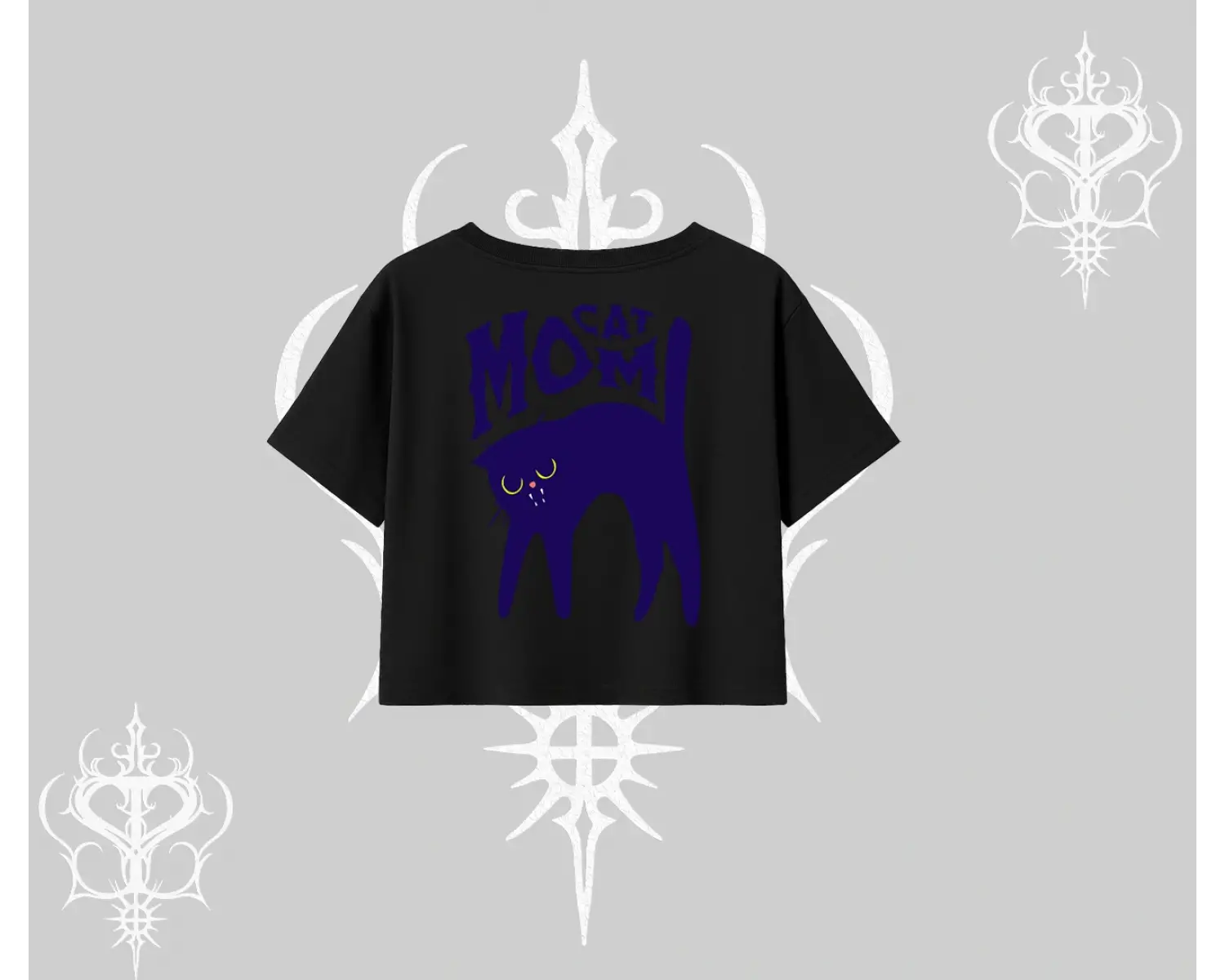 Cat Mom Yazılı Minimal Kedi Arka Baskılı Oversize Crop Tshirt